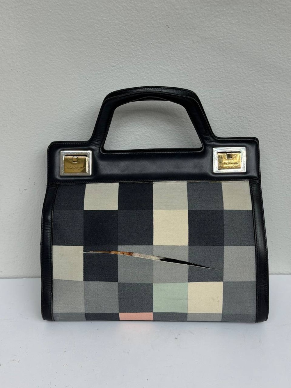 Vintage Salvatore Ferragamo Wanda Black Leather Checkered Top Handle Bag